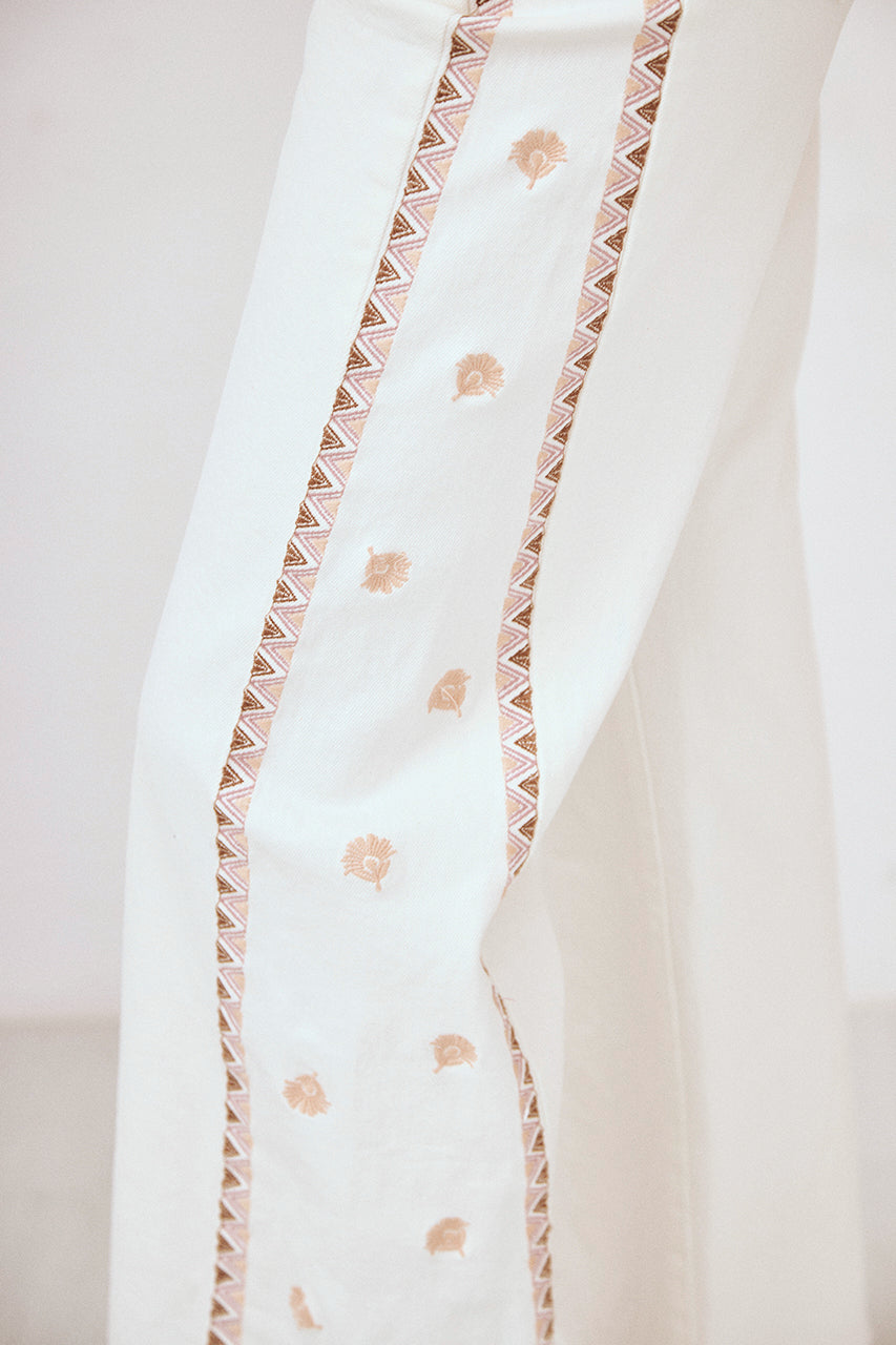 EMBROIDERED SIDE DENIM TROUSERS - WHITE