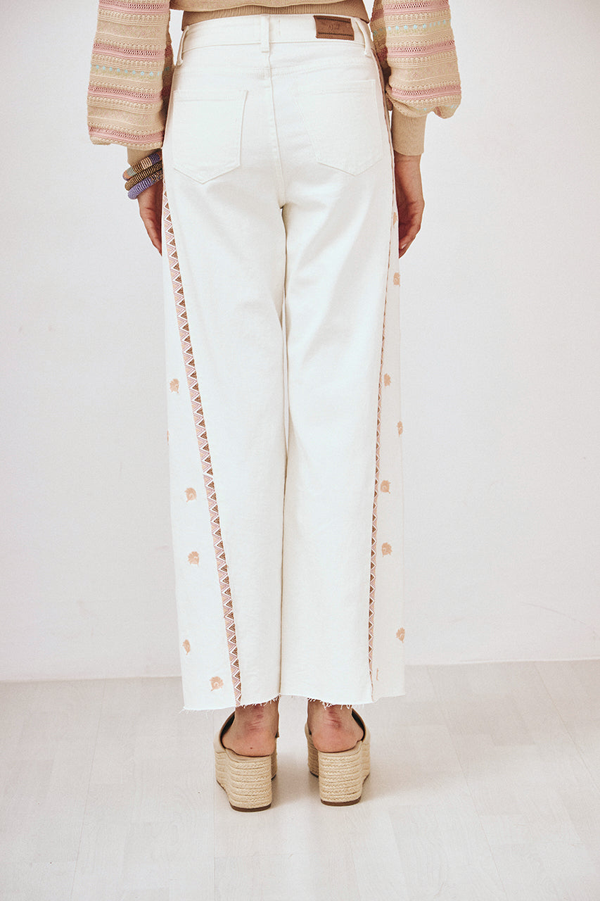 EMBROIDERED SIDE DENIM TROUSERS - WHITE