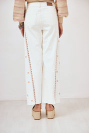 EMBROIDERED SIDE DENIM TROUSERS - WHITE