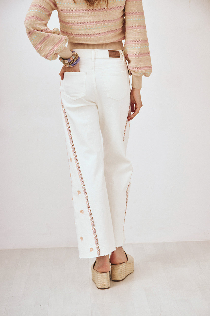 EMBROIDERED SIDE DENIM TROUSERS - WHITE