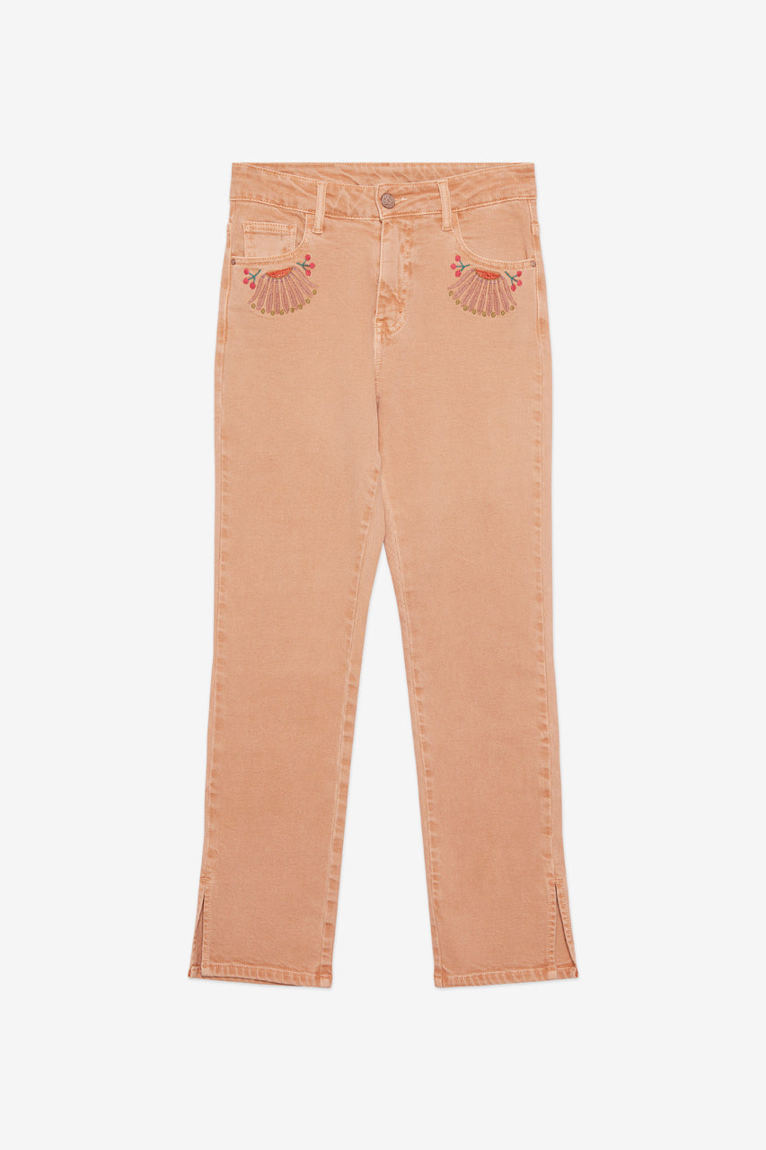 PANTALÓN DENIM CON BOLSILLOS BORDADOS - CAMEL