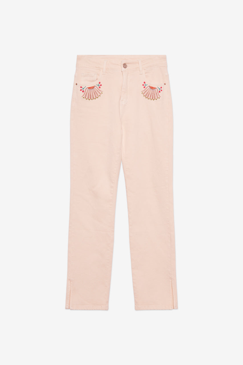 EMBROIDERED POCKET DENIM TROUSERS - ECRU