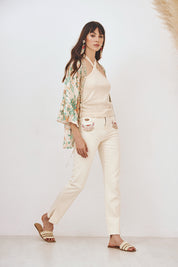 EMBROIDERED POCKET DENIM TROUSERS - ECRU