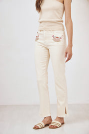 EMBROIDERED POCKET DENIM TROUSERS - ECRU