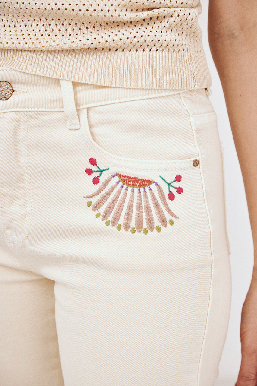 EMBROIDERED POCKET DENIM TROUSERS - ECRU