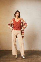 Loose-fitting twill trousers with shiny sides - beige