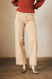 Loose-fitting twill trousers with shiny sides - beige