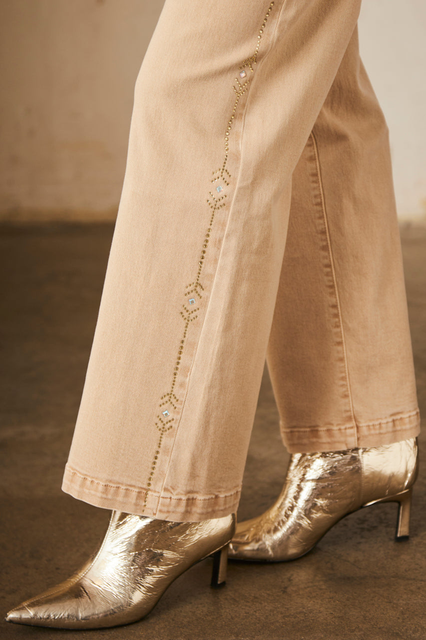 Loose-fitting twill trousers with shiny sides - beige