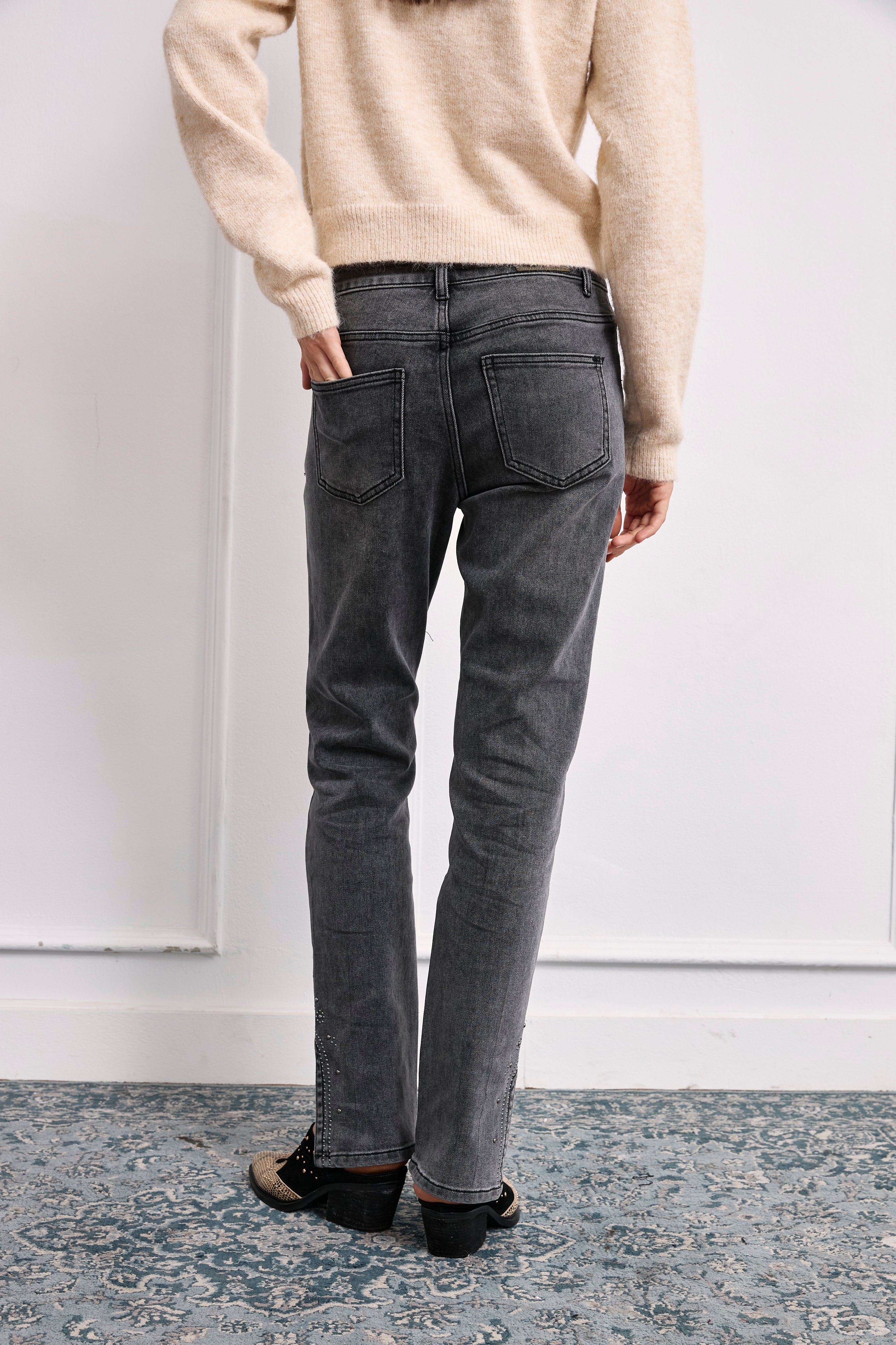 Cotton denim trousers with beading detail - GREY