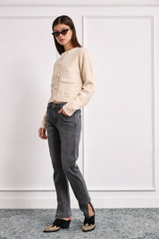 Cotton denim trousers with beading detail - GREY