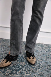 Cotton denim trousers with beading detail - GREY