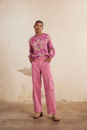 PANTALÓN AMPLIO DE SARGA CON BOLSILLOS - MAGENTA