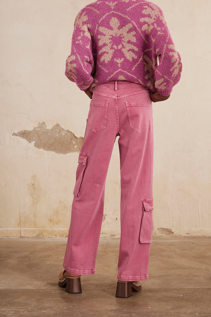 PANTALÓN AMPLIO DE SARGA CON BOLSILLOS - MAGENTA