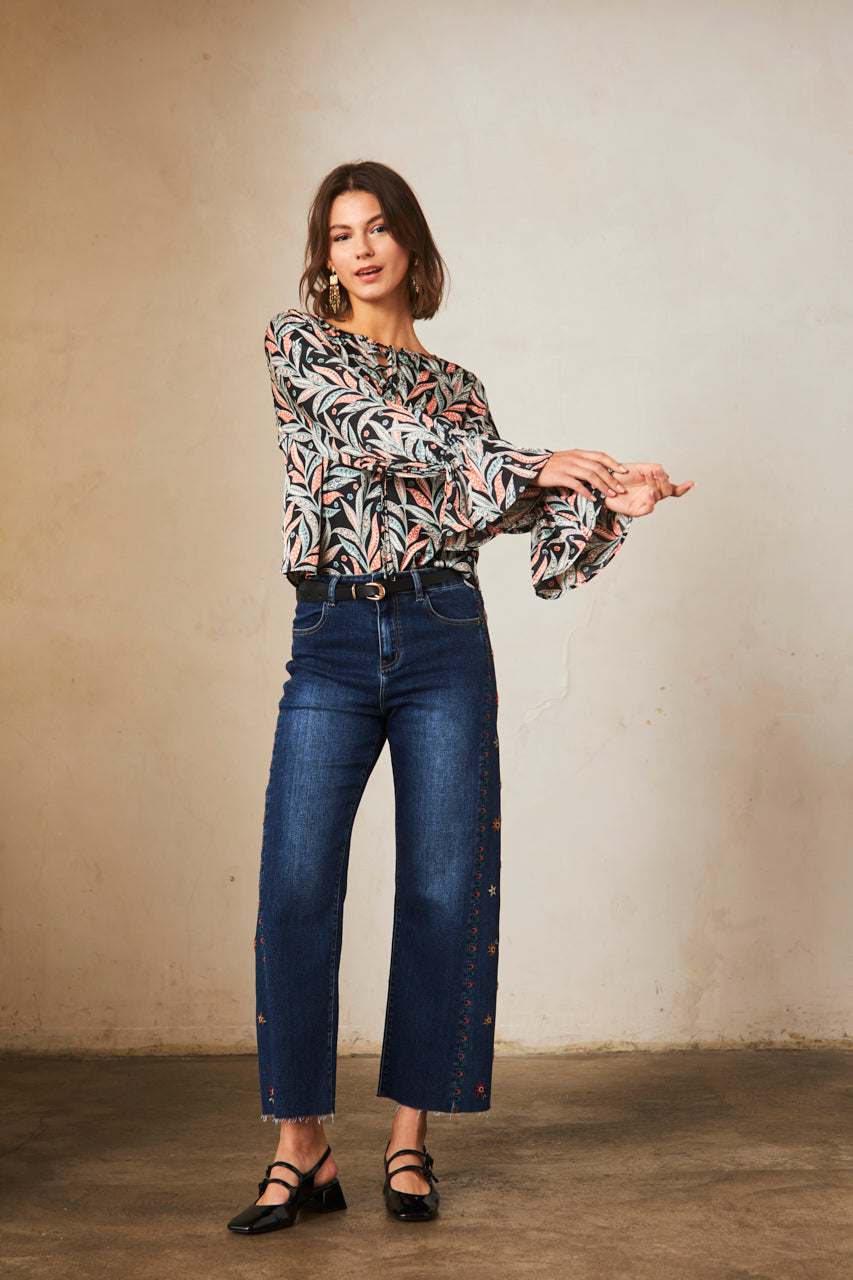 Wide-leg denim trousers with embroidery - denim