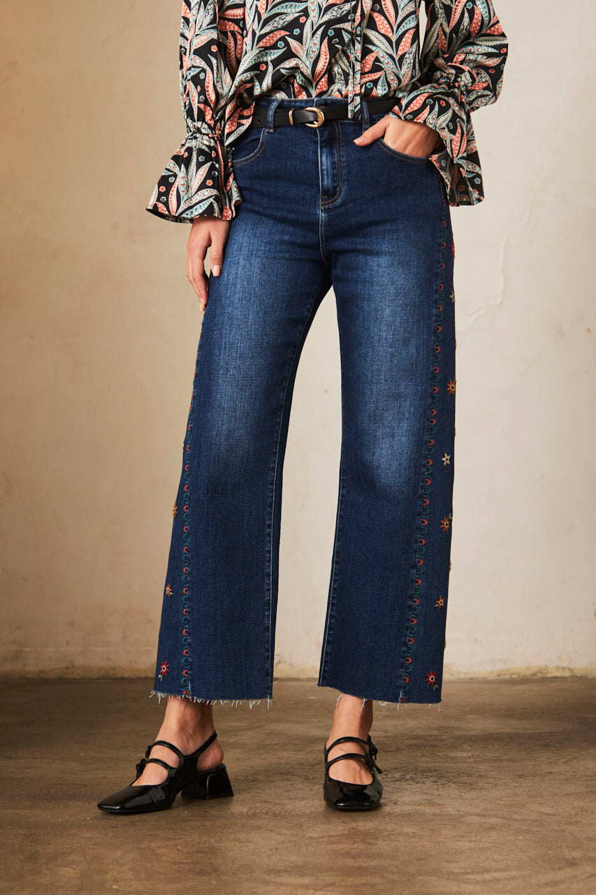 Wide-leg denim trousers with embroidery - denim