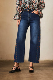 Wide-leg denim trousers with embroidery - denim