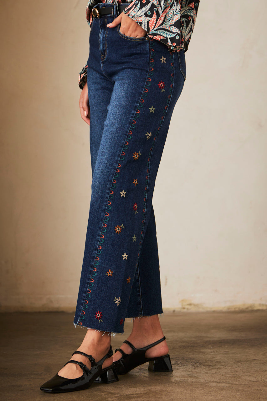 Wide-leg denim trousers with embroidery - denim