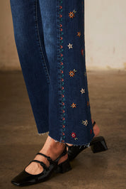 Wide-leg denim trousers with embroidery - denim