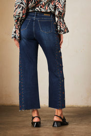 Wide-leg denim trousers with embroidery - denim