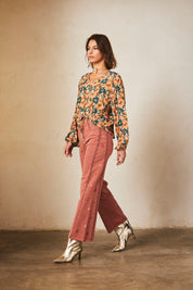 PANTALÓN AMPLIO DENIM CON BORDADO - BRICK