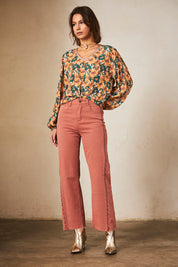 PANTALÓN AMPLIO DENIM CON BORDADO - BRICK