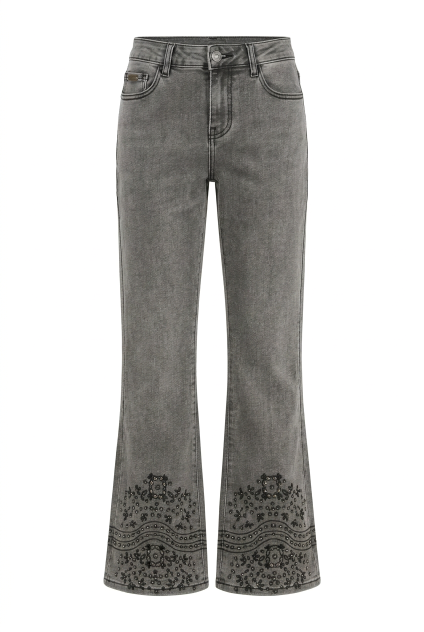 JEANS BAJOS BORDADOS Y TACHUELAS - GRIS