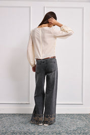 EMBROIDERED LOW-RISE JEANS WITH CONTRAST - GREY - BLACK