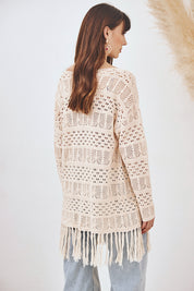 KIMONO PUNTO MIX CALADOS FLECOS - CRUDO