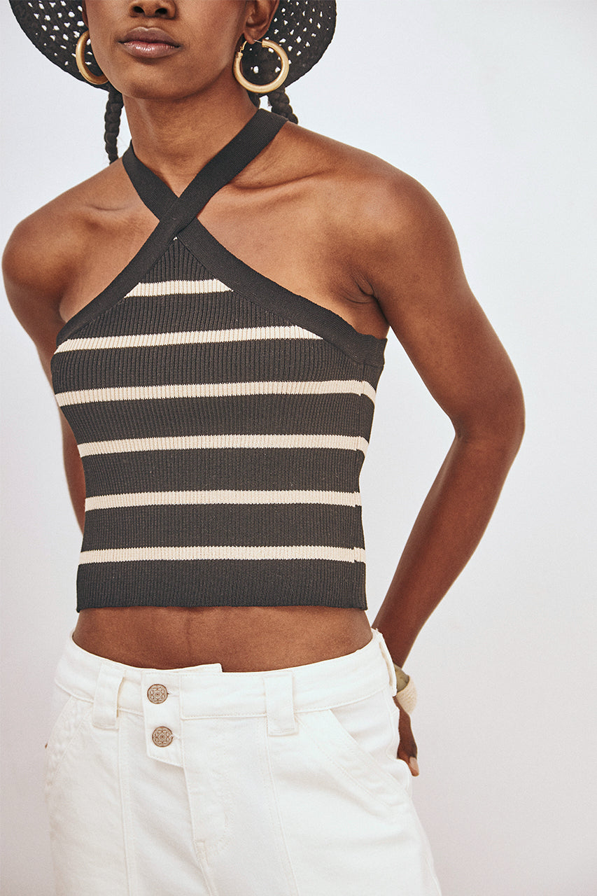 TOP PUNTO HALTER RAYAS BICOLOR - NEGRO