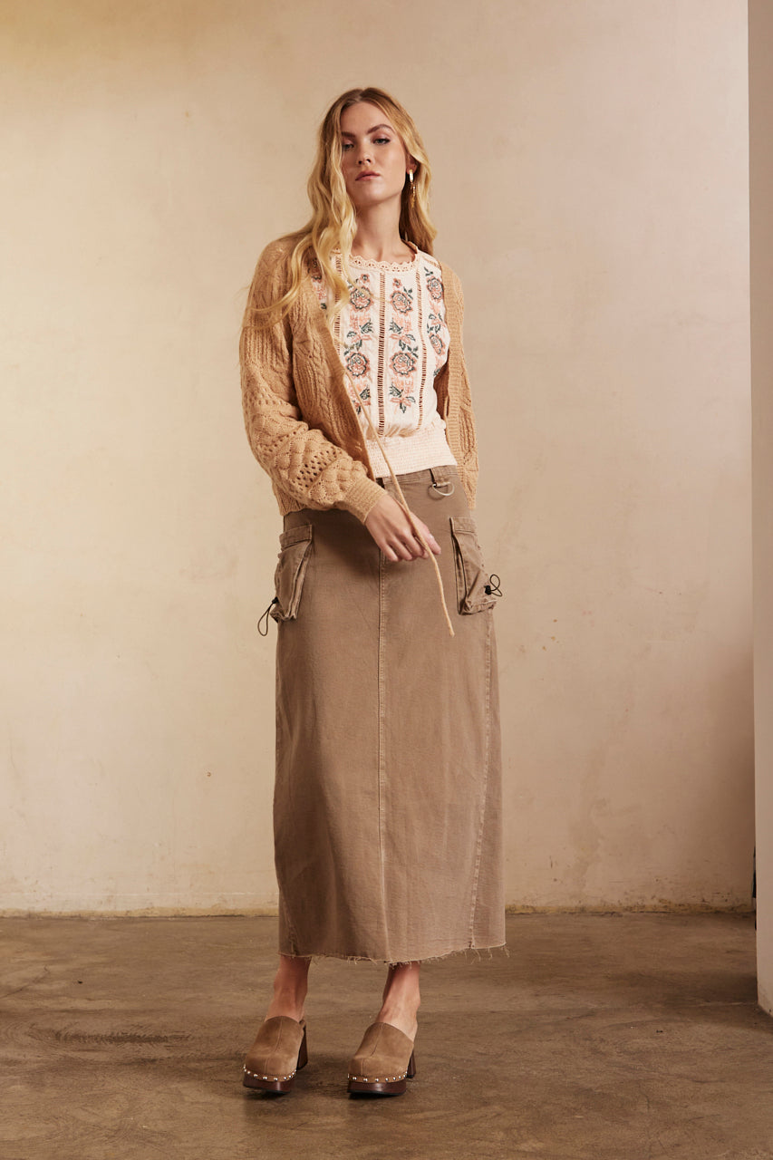 Long-sleeved cardigan with openwork and metallic thread - Sand