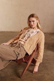 Long-sleeved cardigan with openwork and metallic thread - Sand