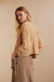 Long-sleeved cardigan with openwork and metallic thread - Sand