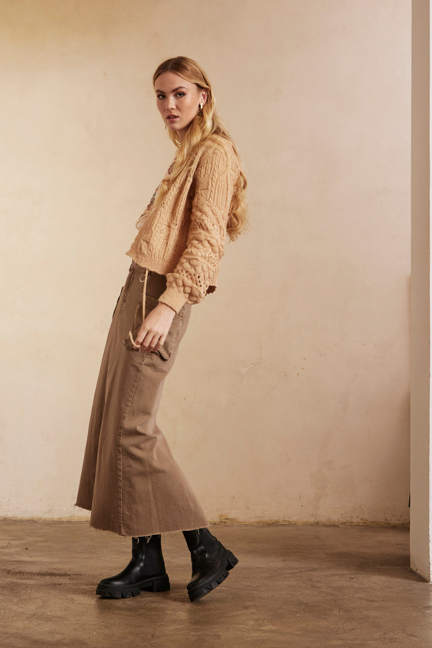Long-sleeved cardigan with openwork and metallic thread - Sand