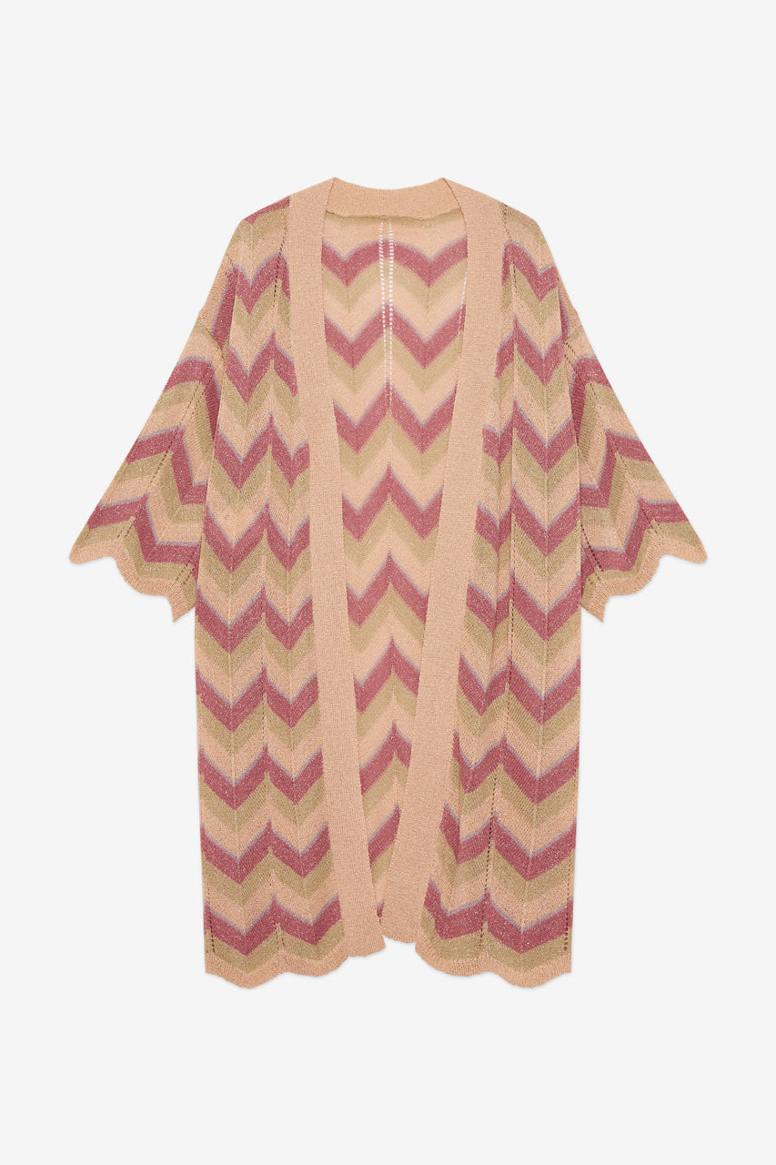 LONG TRICOLOR ZIG-ZAG JACQUARD KNIT KIMONO - PINK