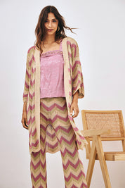 LONG TRICOLOR ZIG-ZAG JACQUARD KNIT KIMONO - PINK