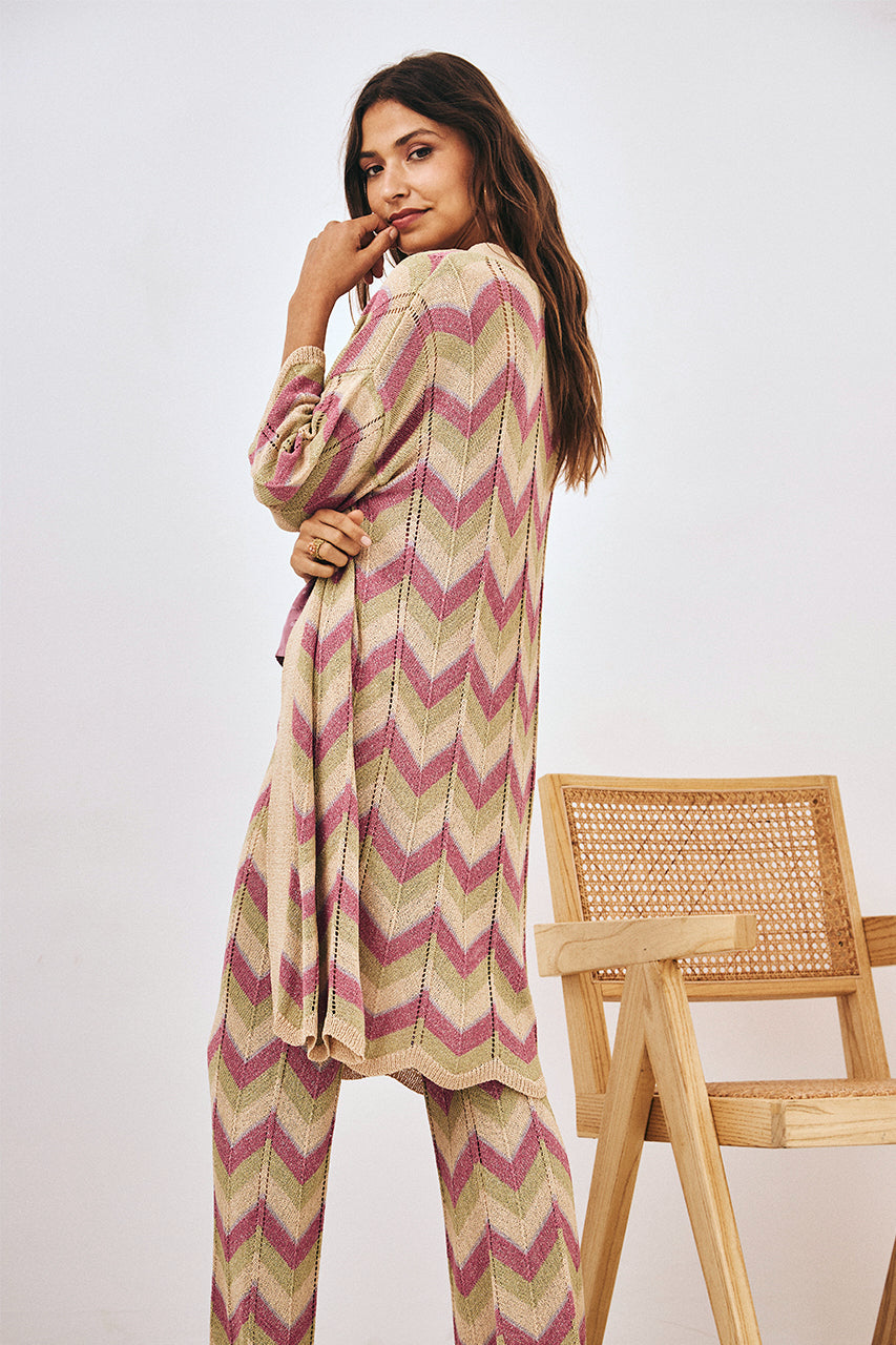 LONG TRICOLOR ZIG-ZAG JACQUARD KNIT KIMONO - PINK