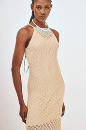 LONG OPEN-KNIT DRESS - CAMEL