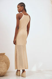 LONG OPEN-KNIT DRESS - CAMEL
