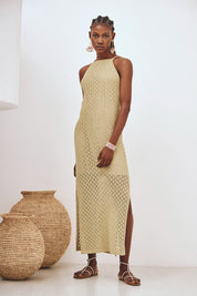 VESTIDO LARGO PUNTO CALADO - CAQUI
