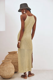 VESTIDO LARGO PUNTO CALADO - CAQUI