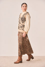 CHALECO DE PUNTO  JACQUARD FLORAL - CAMEL