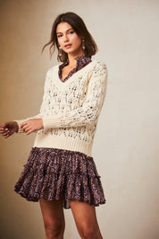 Long-sleeved V-neck sweater with openwork - ivory
