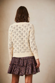 Long-sleeved V-neck sweater with openwork - ivory