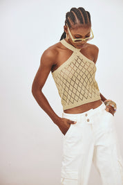 POINTELLE KNIT HALTER CAMI TOP - KHAKI