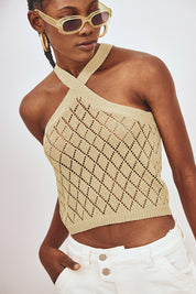 POINTELLE KNIT HALTER CAMI TOP - KHAKI