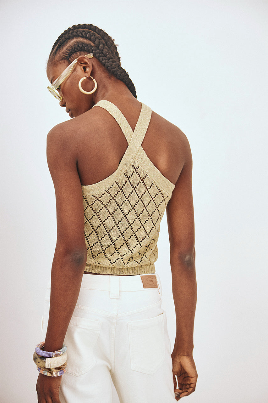 POINTELLE KNIT HALTER CAMI TOP - KHAKI