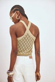POINTELLE KNIT HALTER CAMI TOP - KHAKI