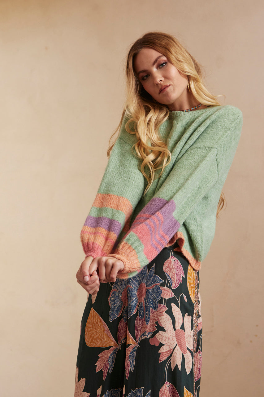 OVERSIZED LONG-SLEEVE SWEATER WITH STRIPES ON SLEEVES AND HEM - GREEN