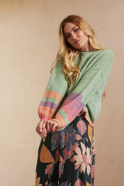 OVERSIZED LONG-SLEEVE SWEATER WITH STRIPES ON SLEEVES AND HEM - GREEN