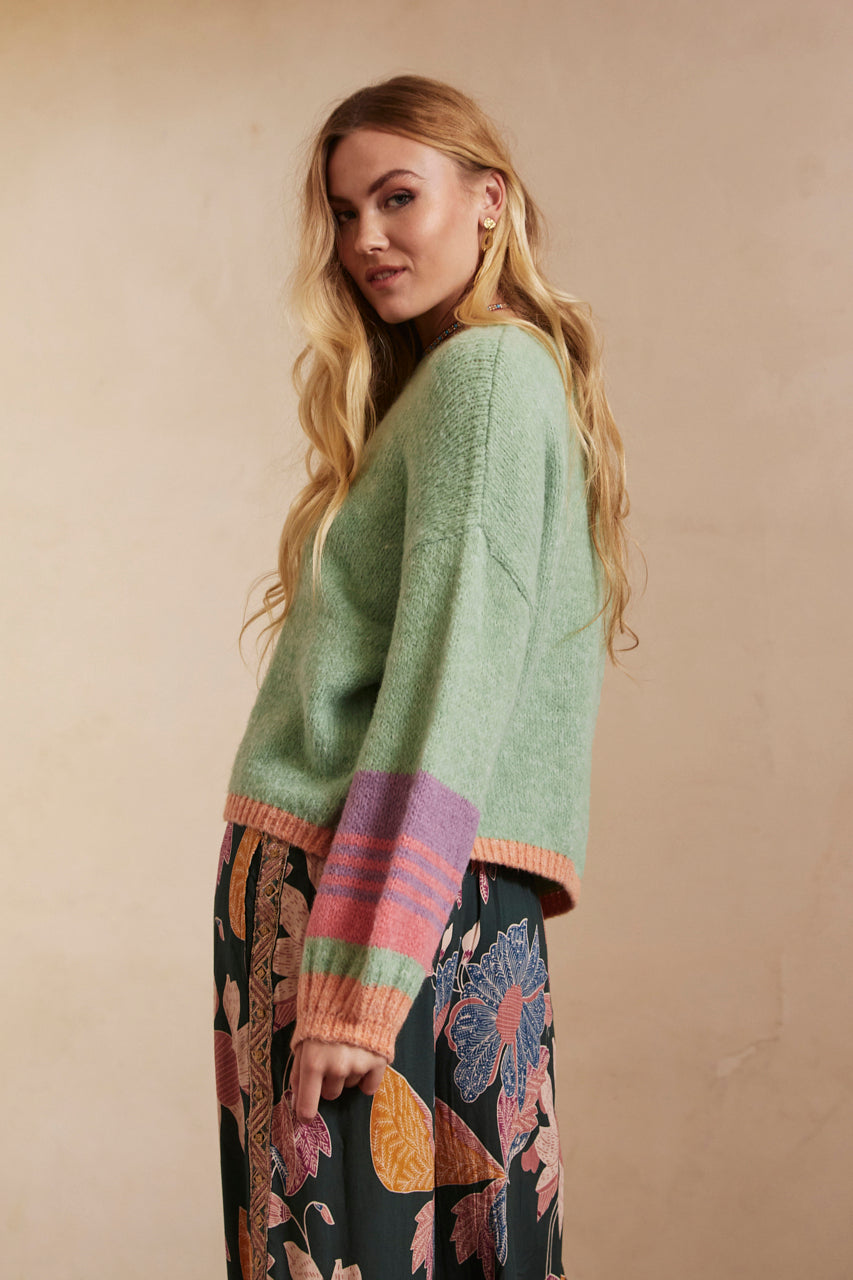 OVERSIZED LONG-SLEEVE SWEATER WITH STRIPES ON SLEEVES AND HEM - GREEN
